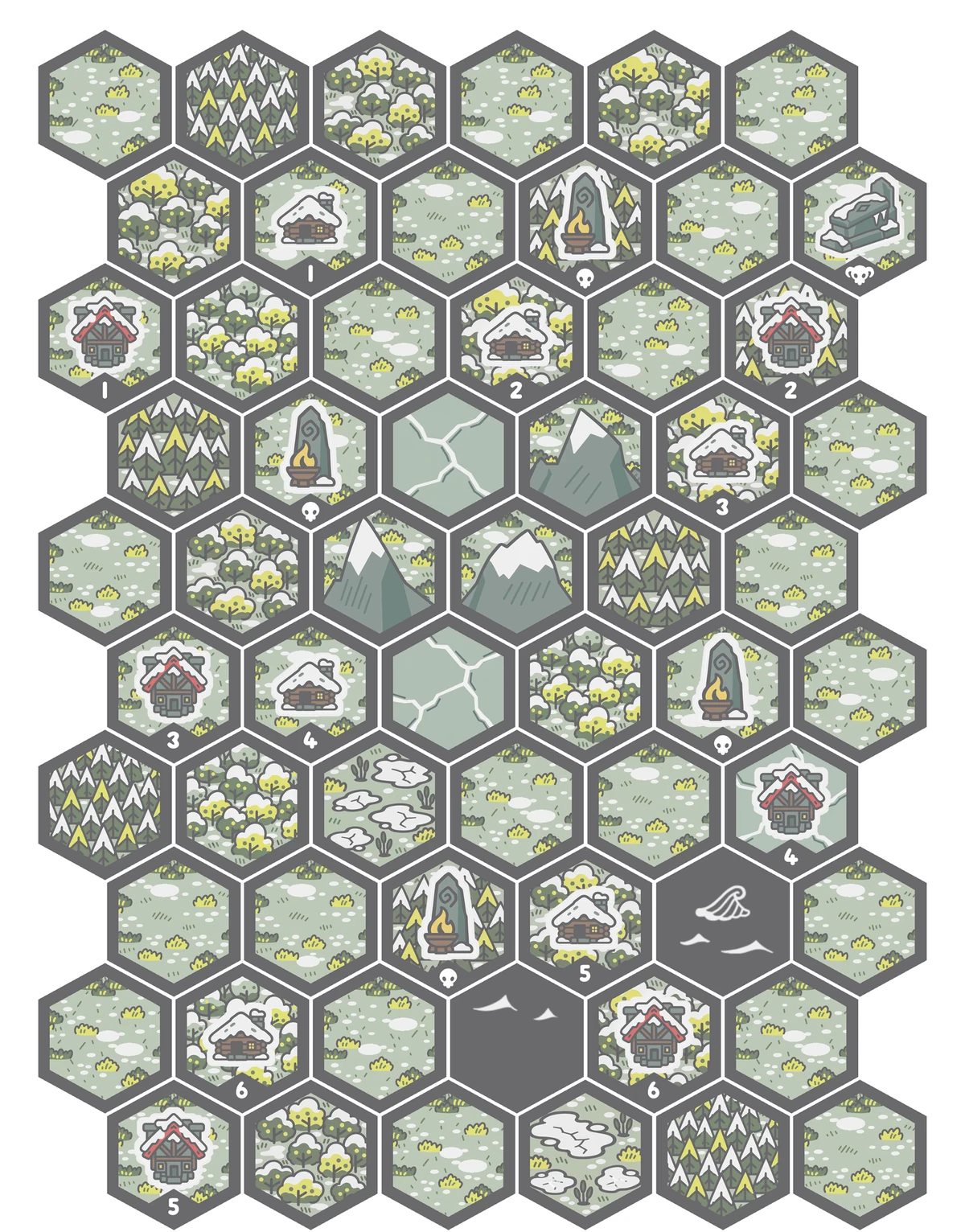 A snowy map with Ancient Beacons and Shelters from the Frozen Reach.