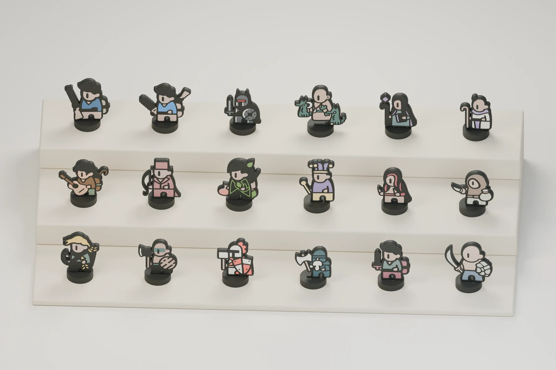 All 18 Legend of Hexdom standees displayed together on three cream-colored tiers.