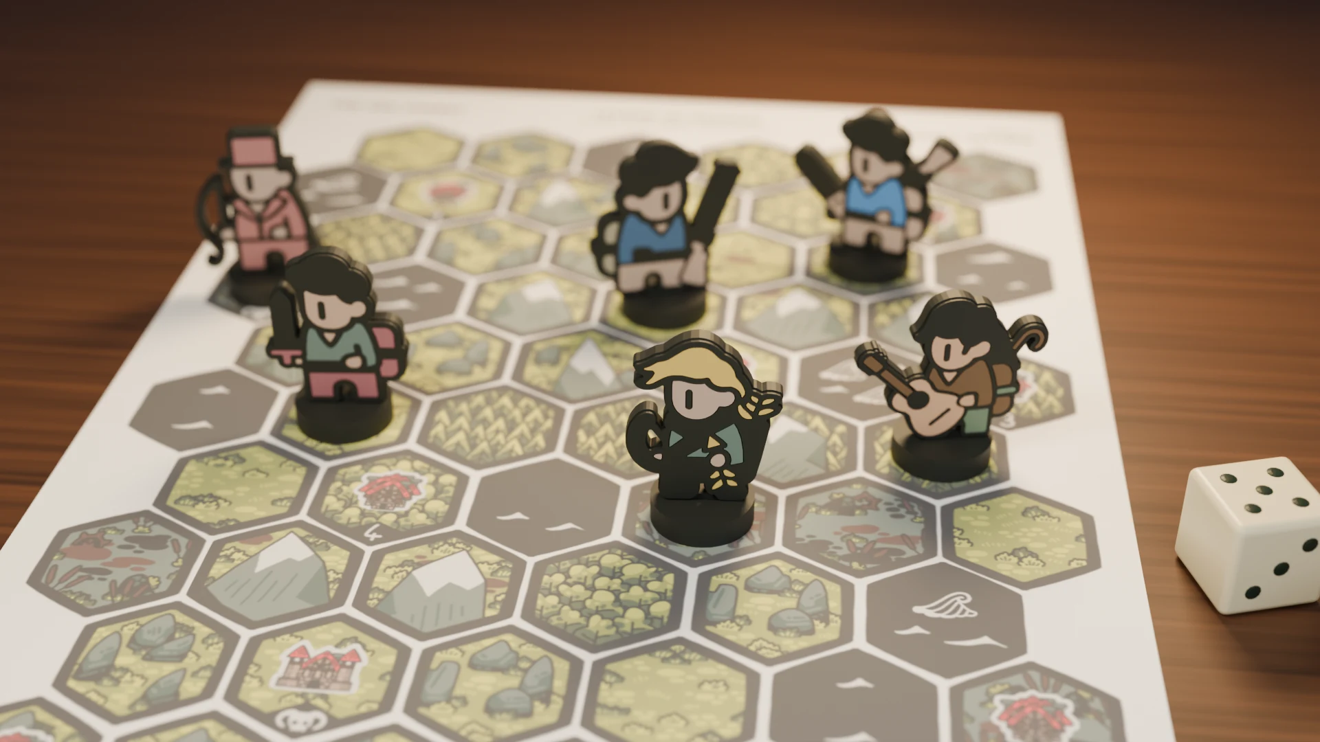 The Archer leads a company of six Legend of Hexdom standees across a forest map.