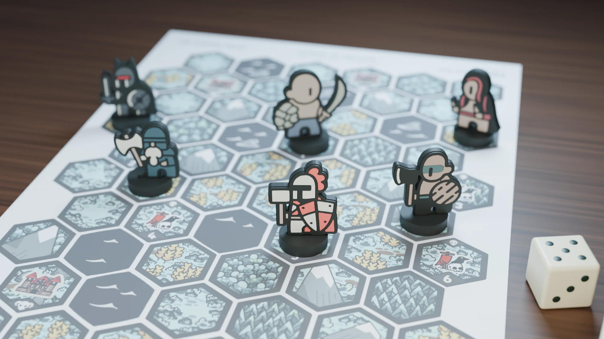 Paladin, Dwarf, Berserker, Dark Knight, Titanblood, and Rogue standees on a snowy map.